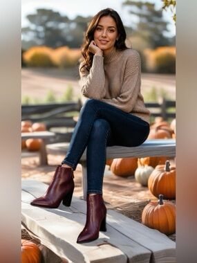 PAIGE Wine Burgundy Leather Ankle Booties with Stacked Heel